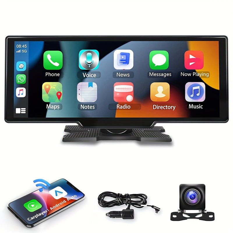 Portable Car Stereo with Wireless CarPlay & Android Auto, 10.26 Inch 1080P Touchscreen Car Radio Receiver with Voice Control, FM Transmitter, Backup Camera Support & Handsfree Calling for All Vehicles