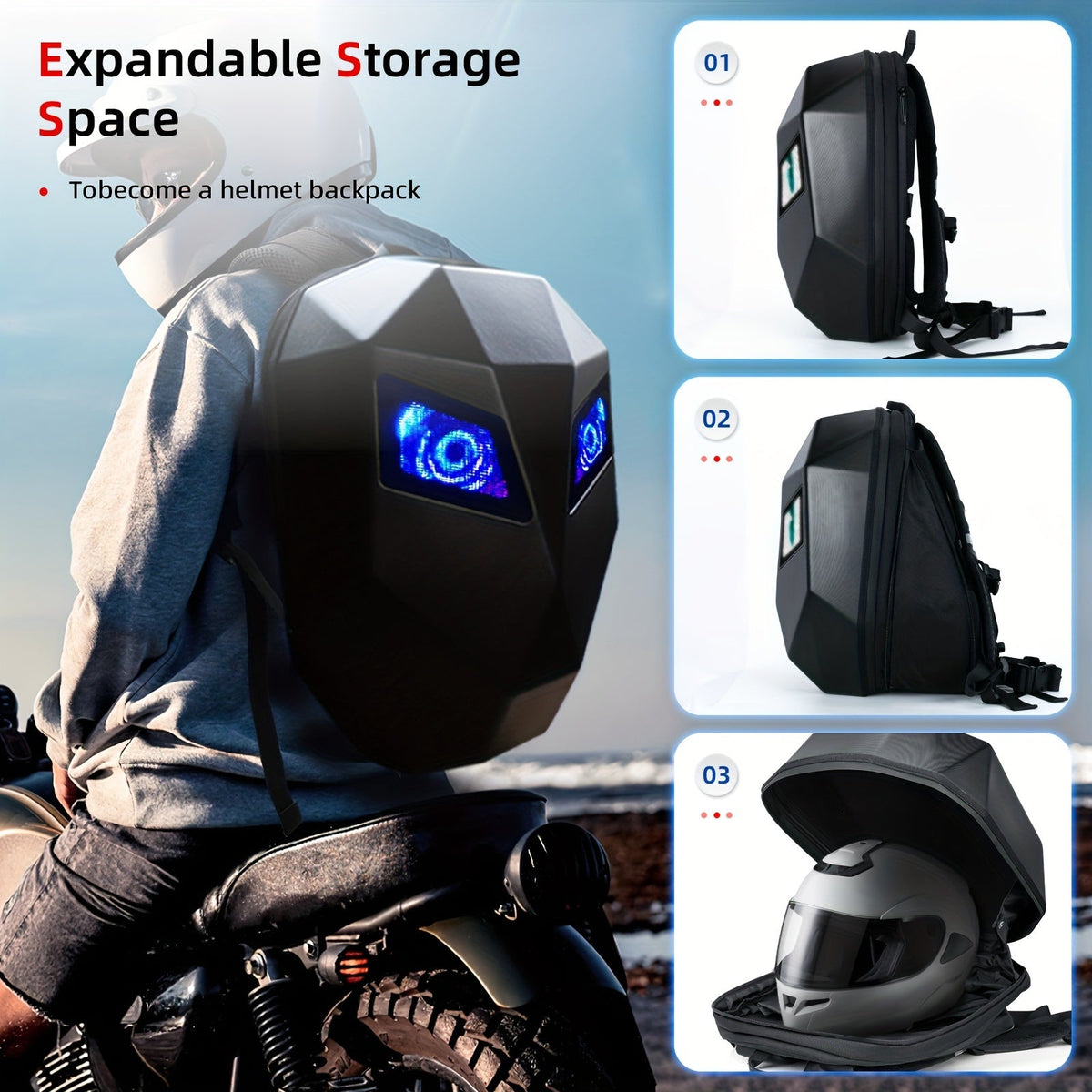 LED Motorcycle Backpack Smart Display – 48×48 Full-Color Dot Matrix, Hard Case Helmet Bag, USB-Powered, 19" Laptop Compartment for Riding Hiking Travel