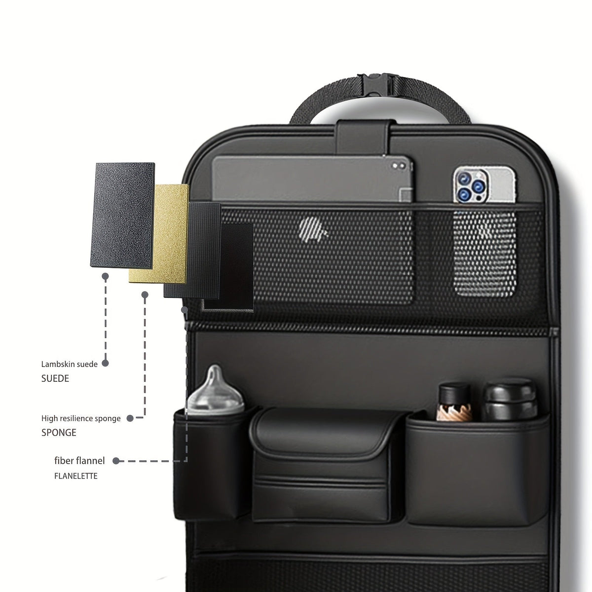 Car Backseat Organizer with Foldable Tray Table – PU Leather Kick Mat, Tablet Holder & Multi-Pocket Rear Seat Storage | Universal Fit SUV Truck