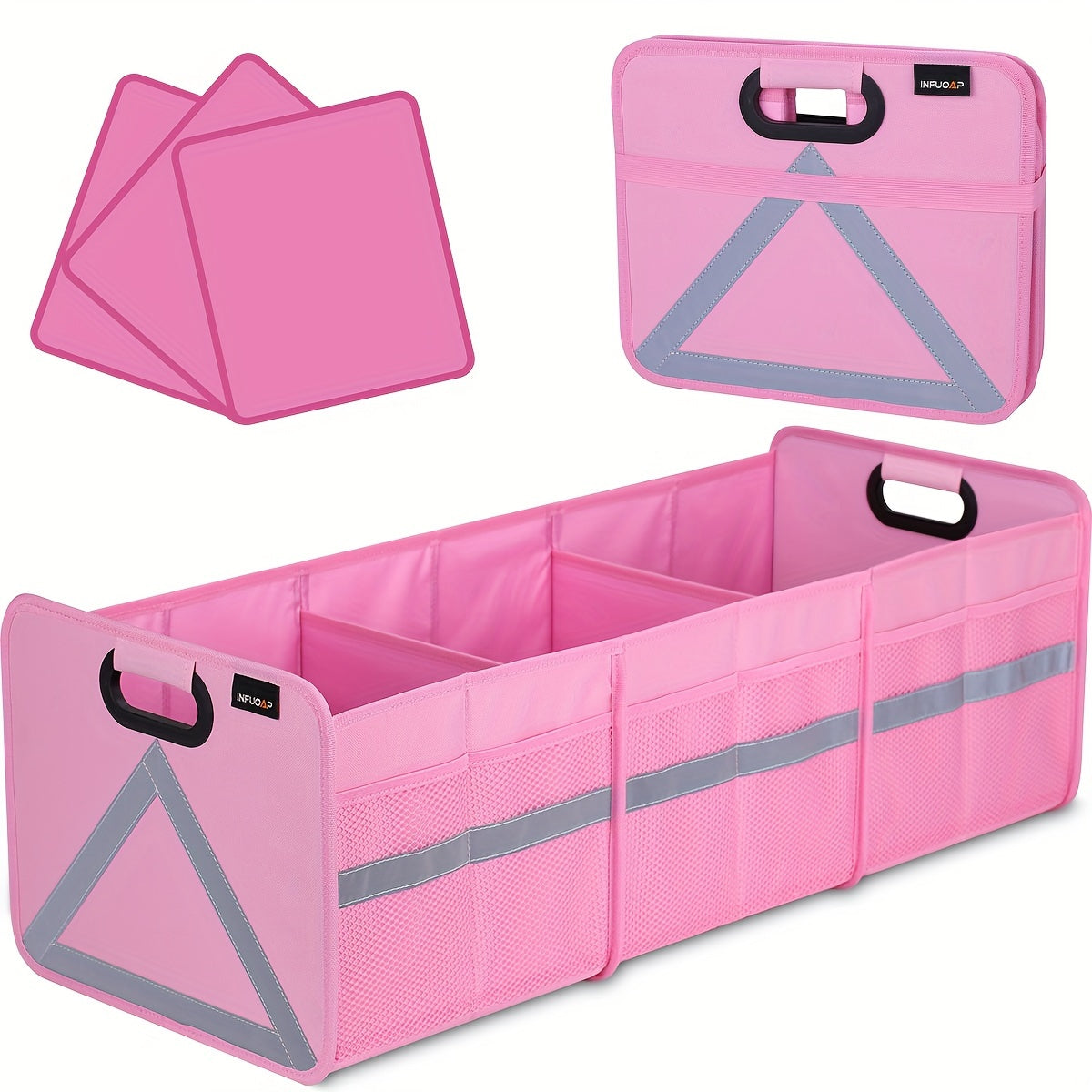 Car Trunk Organizer Foldable – Heavy Duty Multi-Pocket, Reflective Stripe, Collapsible Storage for SUV Minivan | Zipper Closure, Space Saver | Black & Pink