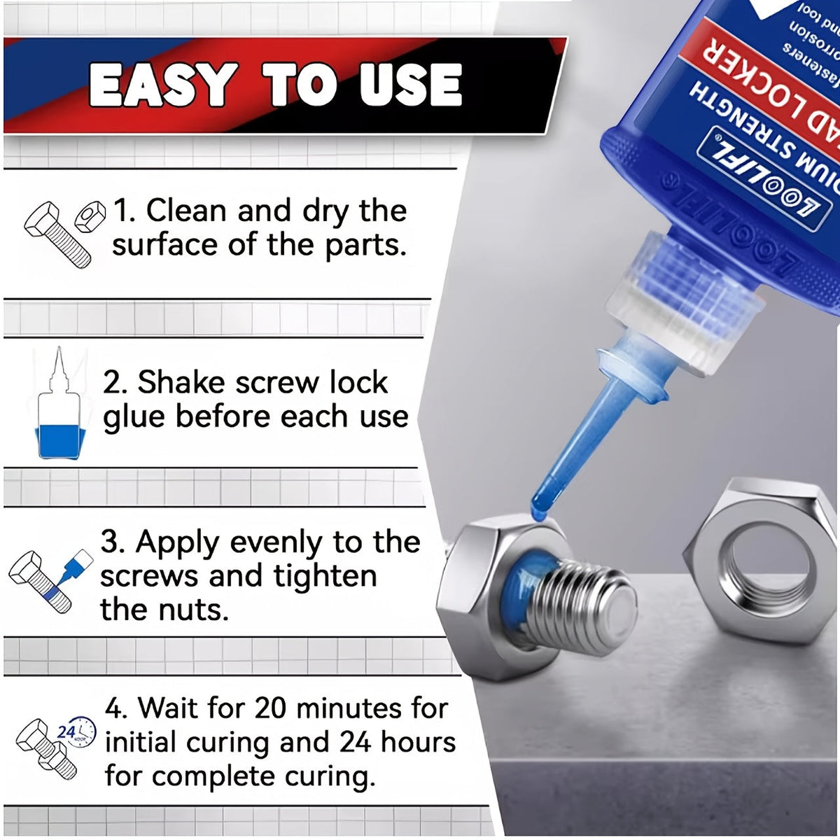 Threadlocker Adhesive 2/4pcs – Anaerobic Screw Locking Agent, Anti-Vibration Anti-Rust, Oil & Heat Resistant | Blue & Red for Metal Plastic Stainless Steel