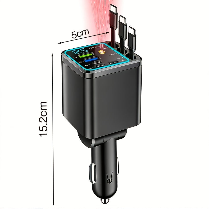 7-in-1 Car Fast Charger – 3 Retractable Cables, LED Digital Display, 180° Adjustable, USB Fast Charging for iPhone, Android & Type-C