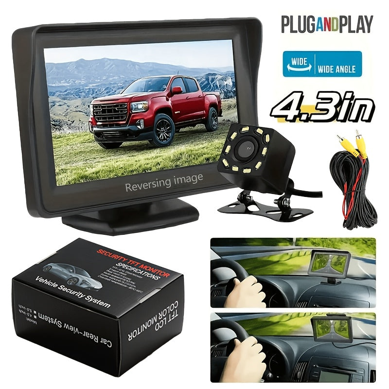 Backup Camera Kit with 4.3" Monitor – 8 LED Night Vision, Wide Angle Rearview Camera for Cars, Trucks & SUVs, HD Parking System