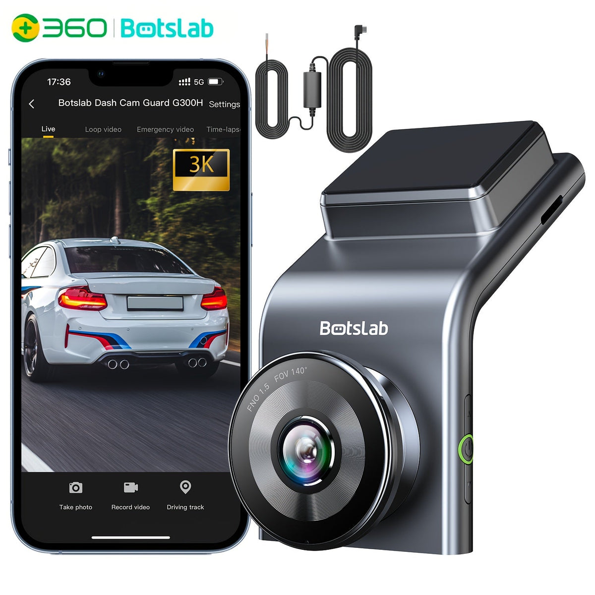 Dash Cam 3K WiFi GPS – 140° Wide Angle, Night Vision, WDR, Parking Mode, Motion Detection & Loop Recording | Botslab G300H Pro