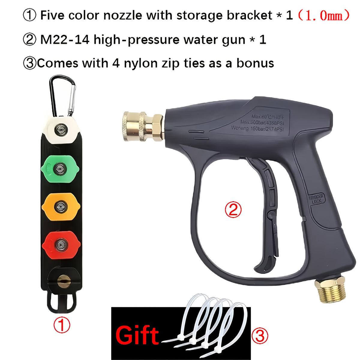 Pressure Washer Gun Kit with 5 Color-Coded Nozzles – M22-14 & 1/4" Quick Connect, Storage Base for Car Wash & Power Washer