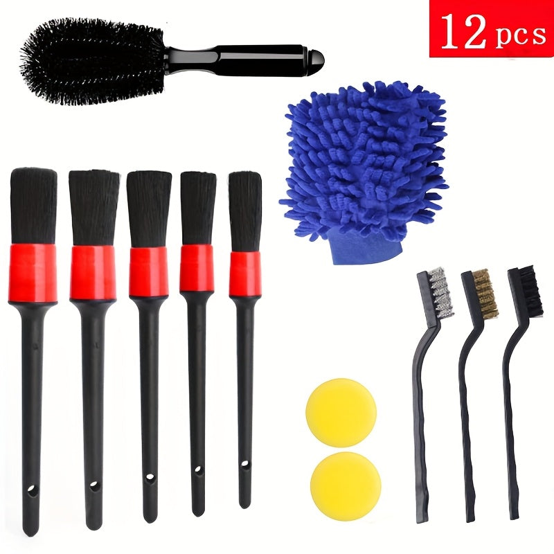 Car Detailing Brush Set 12-Piece – Interior Exterior Wheel Cleaning Kit with Sponge Cleaner & Storage Bag