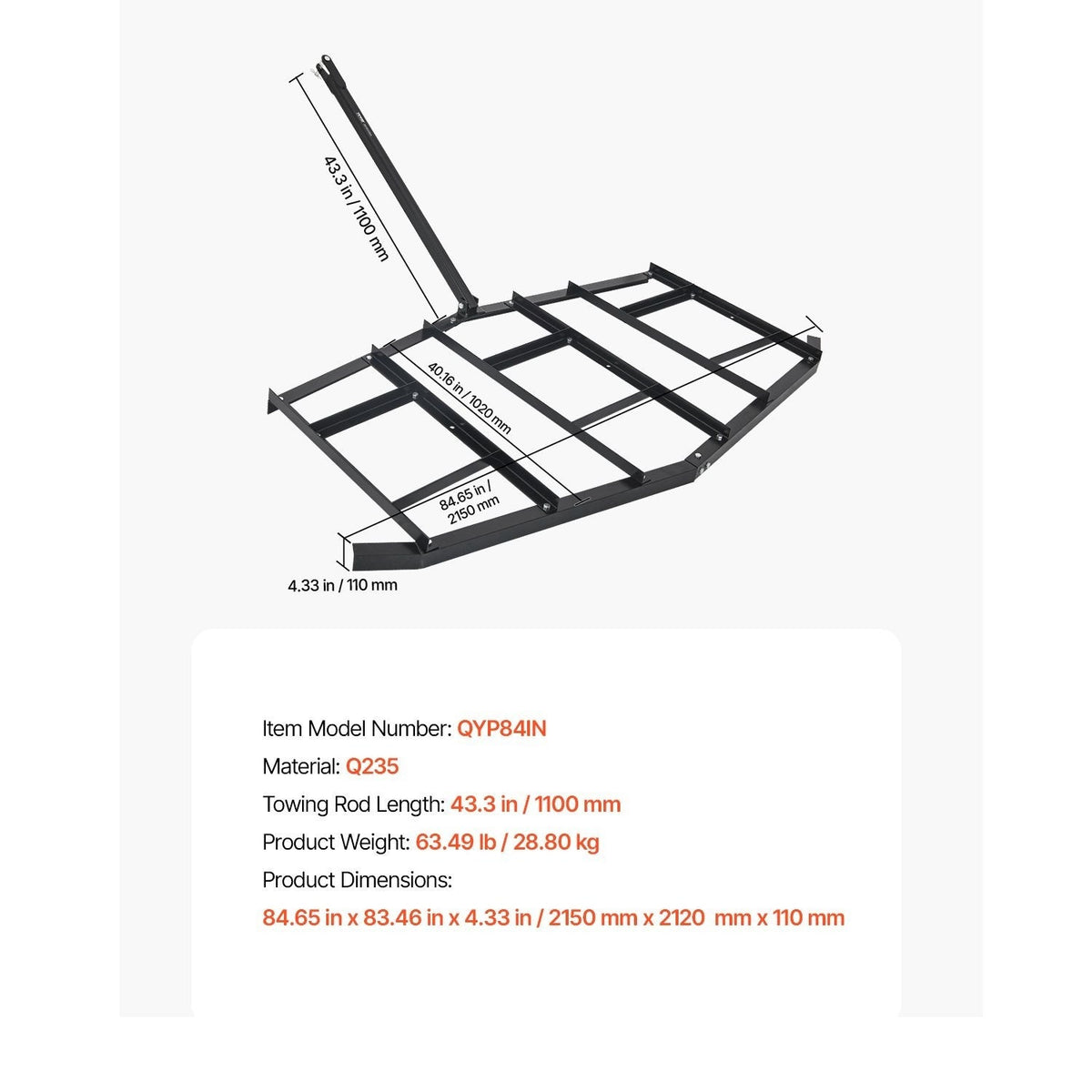 Tow Behind Drag Harrow 66"/74"/84" – Heavy-Duty Q235 Steel ATV UTV Tractor Pull Behind Rake for Gravel Driveway Lawn Arena Leveling