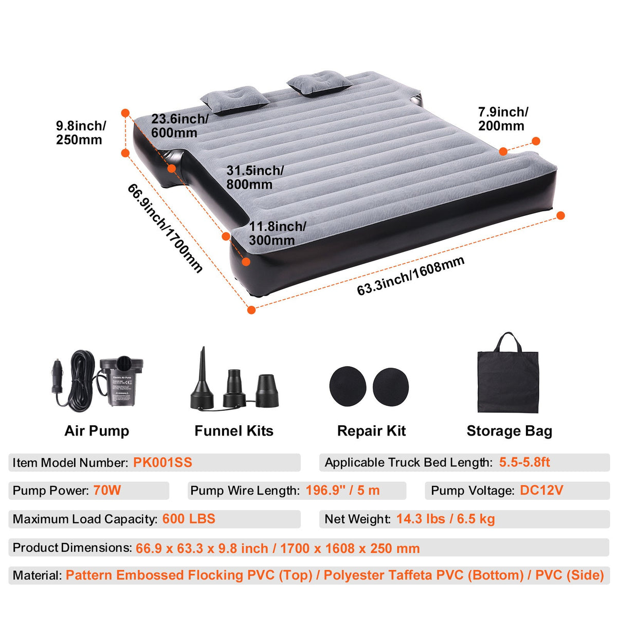 Truck Bed Air Mattress for 6–6.5 ft Trucks – Inflatable Camping Mattress 600LBS Capacity, Fits Silverado, RAM, F-Series, Sierra, Titan & Tundra, with Pump