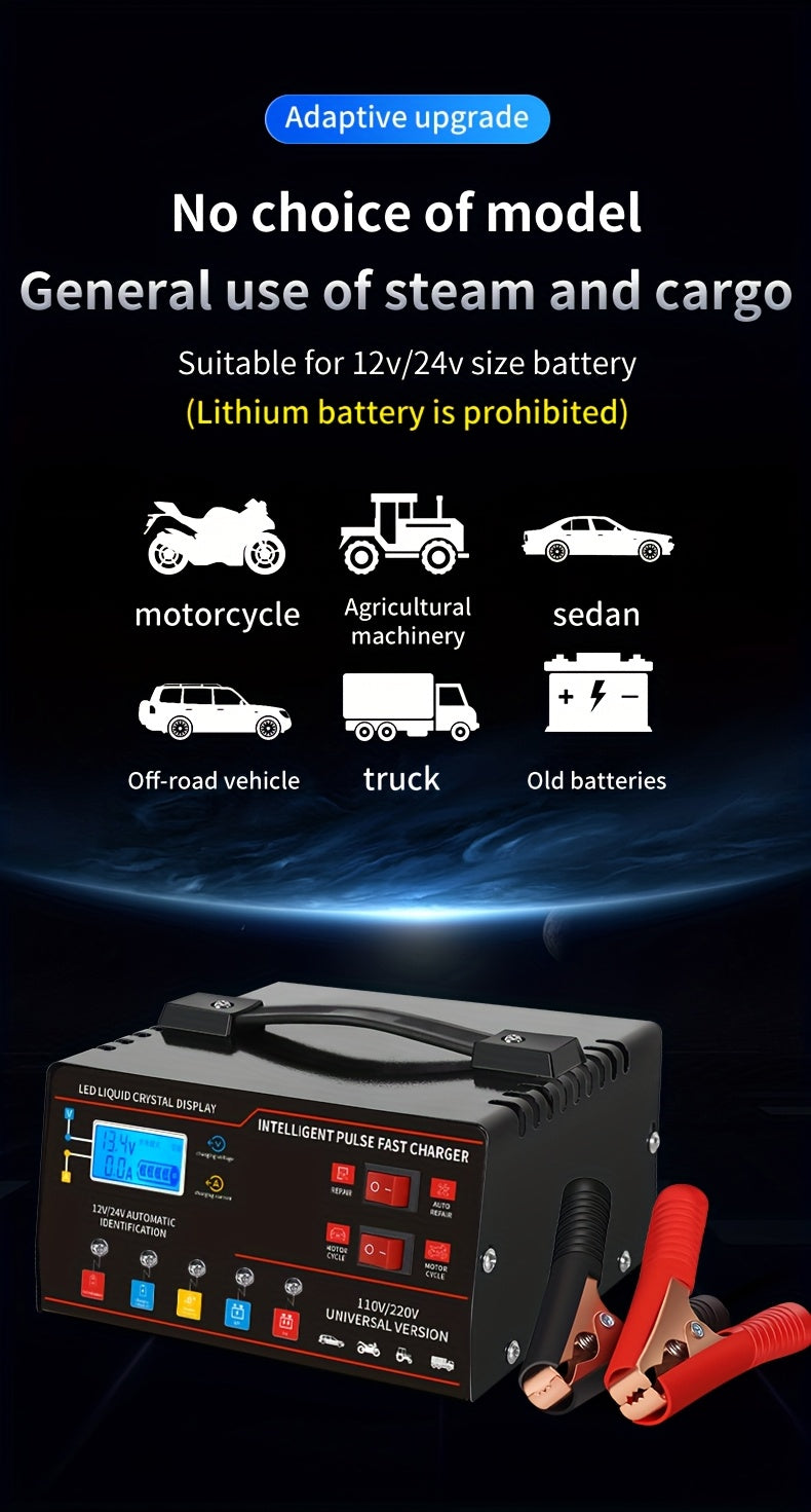 12V/24V Smart Universal Battery Charger – LCD Screen, Pulse Repair, Trickle Maintainer & Temperature Regulation for Car, Truck, Motorcycle, Boat & Lawn Mower Lead Acid Batteries