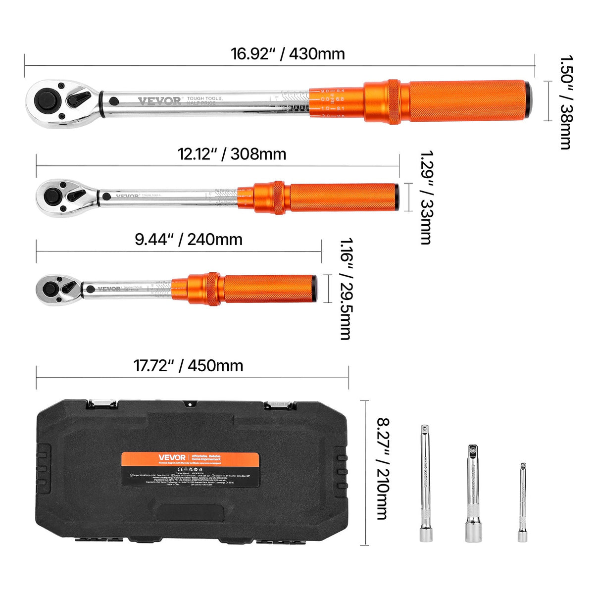 Click Torque Wrench Set 3-Piece – 1/4", 3/8" & 1/2" Drive, 72-Tooth Dual-Direction Ratchet, ±3% Accuracy, Alloy Steel with Calibration Certificate & Hard Case