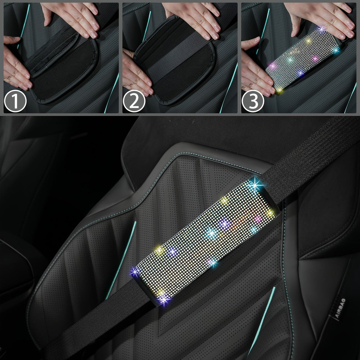 Bling Car Accessories Set for Women – 8pcs Rhinestone Steering Wheel Cover, Cup Coasters, Seat Belt Shoulder Pads, Starter Rings & Gear Shift Cover