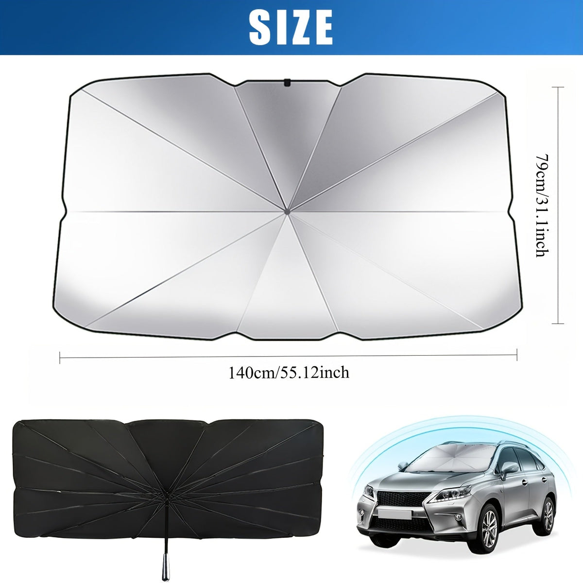 Windshield Sun Shade UV Protection – Auto-Open Foldable Fiberglass Heat Blocker | Car SUV Truck Front Visor Universal Fit Black