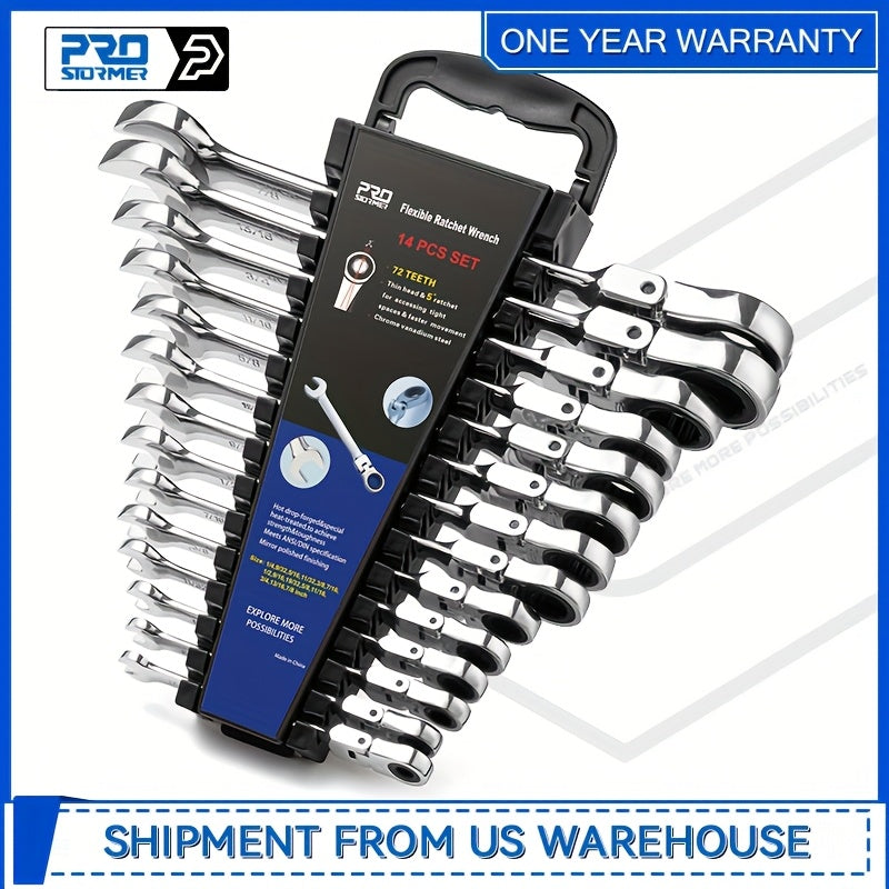 14-Piece SAE Flex Head Ratcheting Wrench Set – 1/4" to 7/8", 72-Tooth 5° Arc, Chrome Vanadium Steel, 180° Flex Head, with Organizer Rack