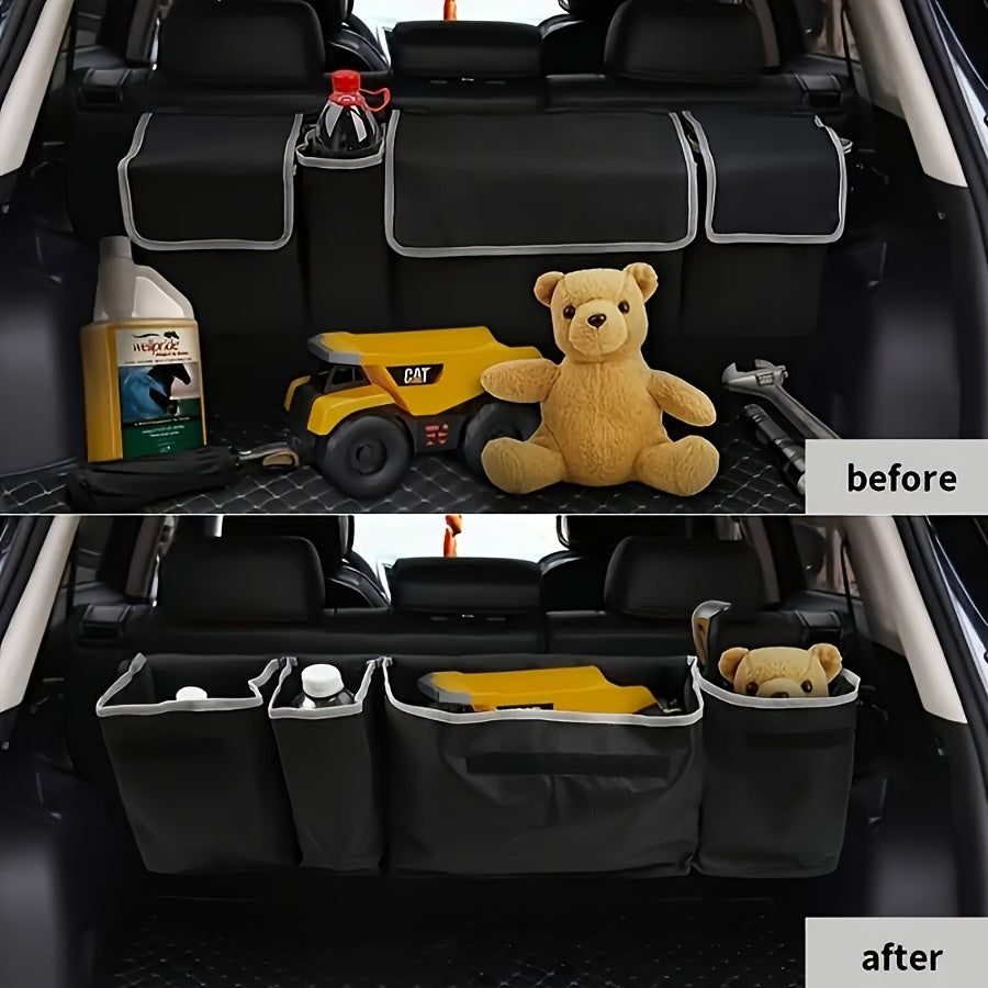 Car Trunk Organizer Foldable – 4-Pocket Rear Seat Hanging Storage Bag for SUV Truck MPV Jeep | Cargo Purse Holder Universal Fit Black