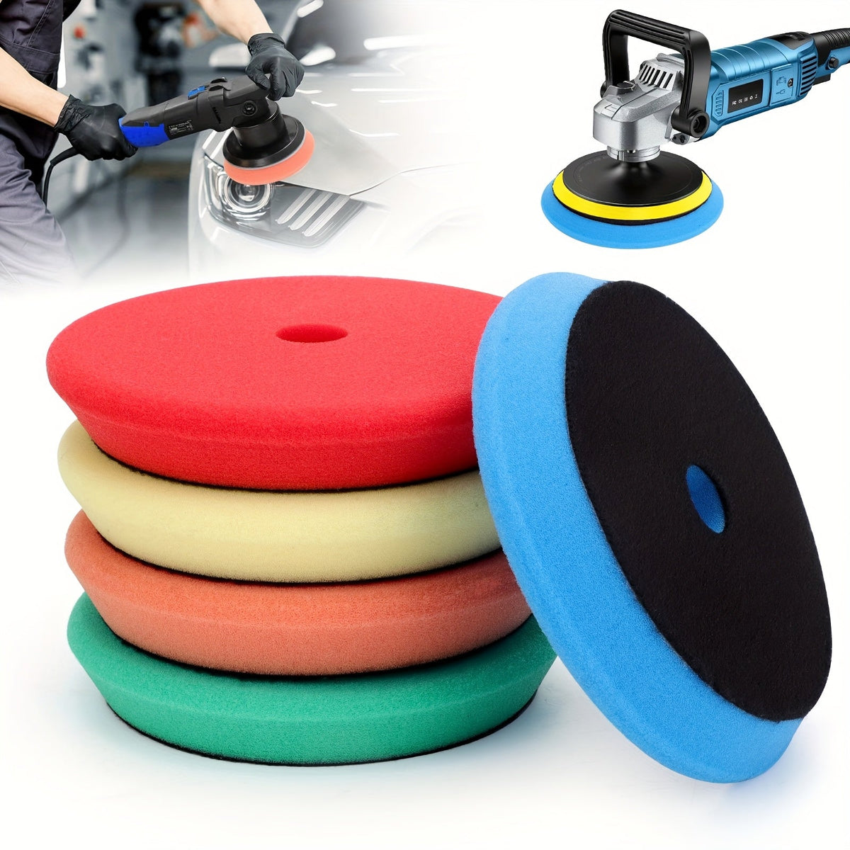 6-Inch Foam Buffing Pads 5-Pack – Beveled Edge Polishing Disc Set for Car Detailing | Sanding, Polishing & Buffing for Drill & DA Polisher