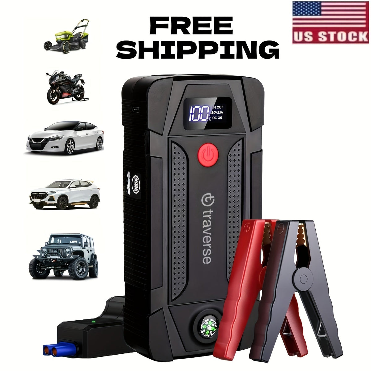 Car Jump Starter 1000A Peak – 6400mAh Portable Battery Booster for Gas & Diesel Cars, USB Charging Ports, LED Flashlight, 12V Jump Box