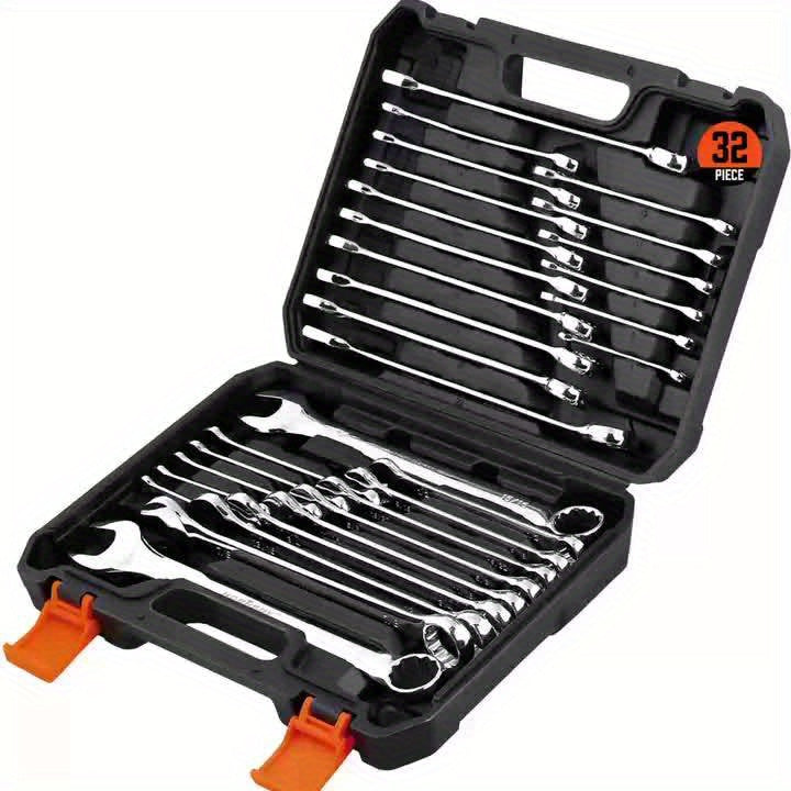 Combination Wrench Set 32-Piece SAE & Metric – Chrome Vanadium Steel, 12-Point Box & Open End, 1/4"-1" & 7mm-22mm, 15° Offset with Storage Case