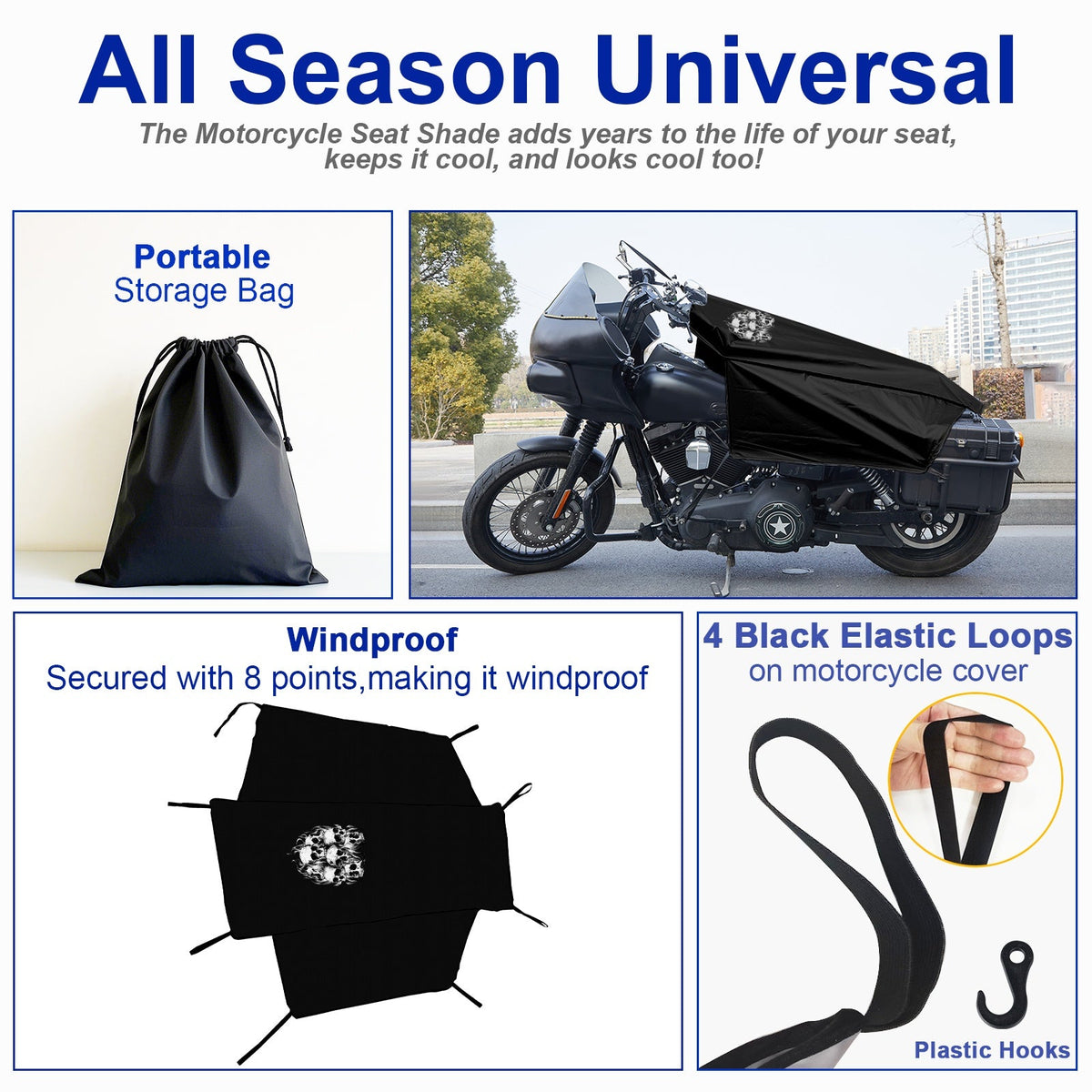Motorcycle Seat Cover Waterproof 300D Oxford Cloth Half Cover – Rain Snow UV Protection for Touring Cruiser Bikes M 43in L 51in with Storage Bag