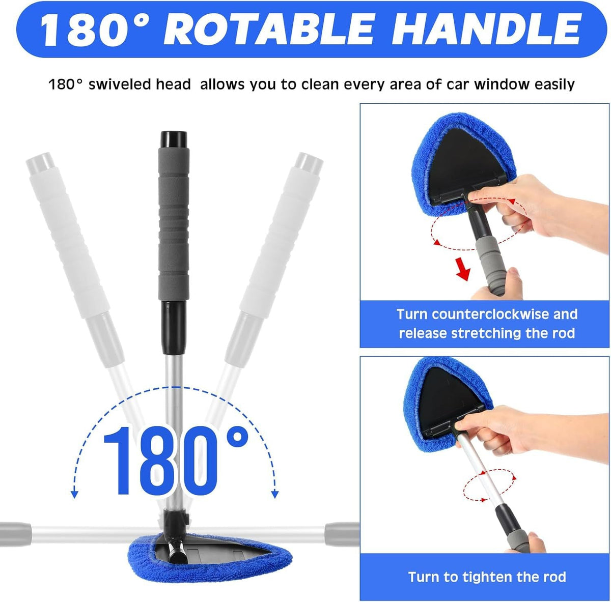 Car Windshield Cleaning Kit 10pc – Telescoping Handle, Microfiber & Chenille Covers for Interior & Exterior Glass