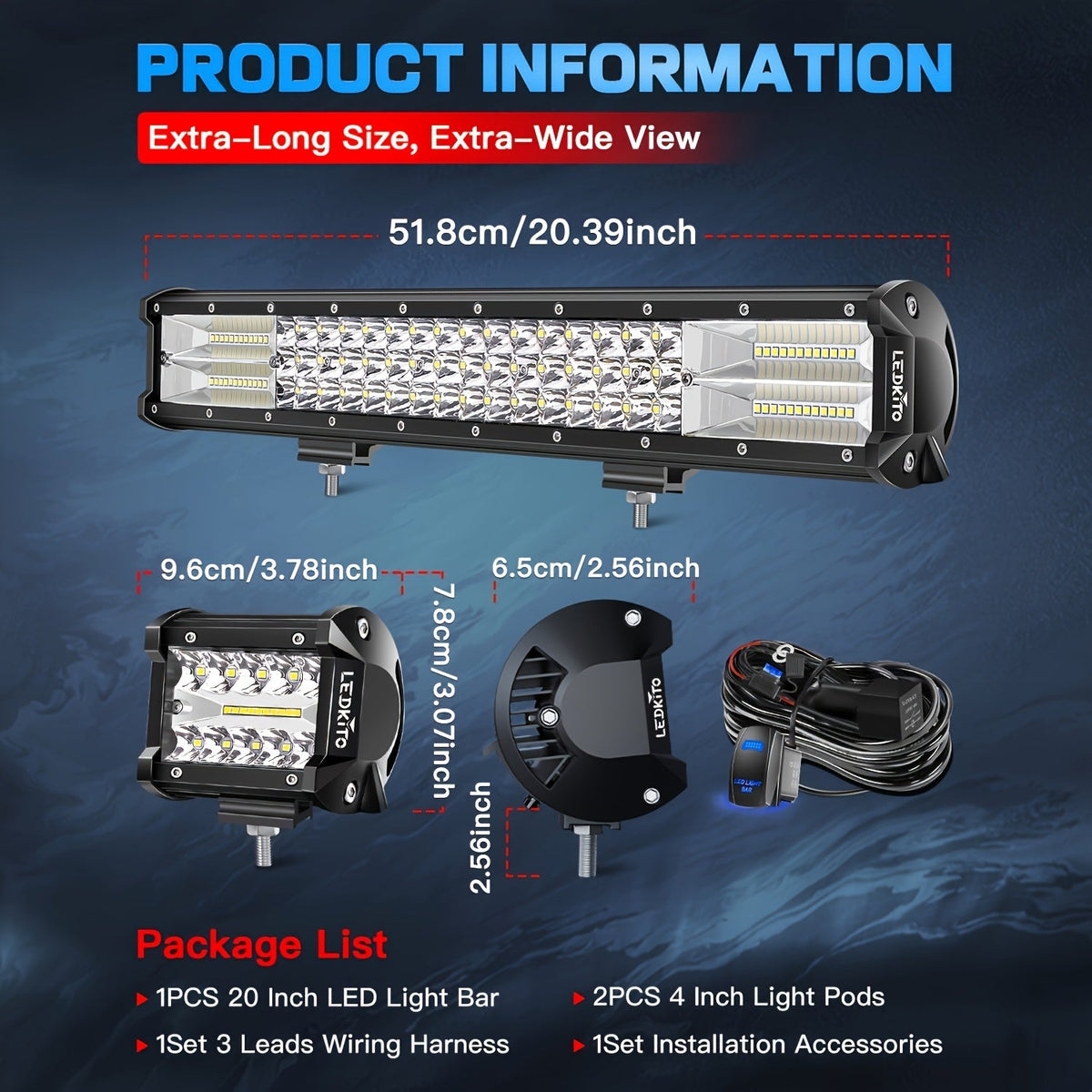 20 Inch LED Light Bar + 4 Inch LED Work Light Kit, Off Road Driving Lights with Wiring Harness Switch Relay Fuse, DC 12-24V for Truck ATV UTV Boat Excavator Forklift, White Aluminum