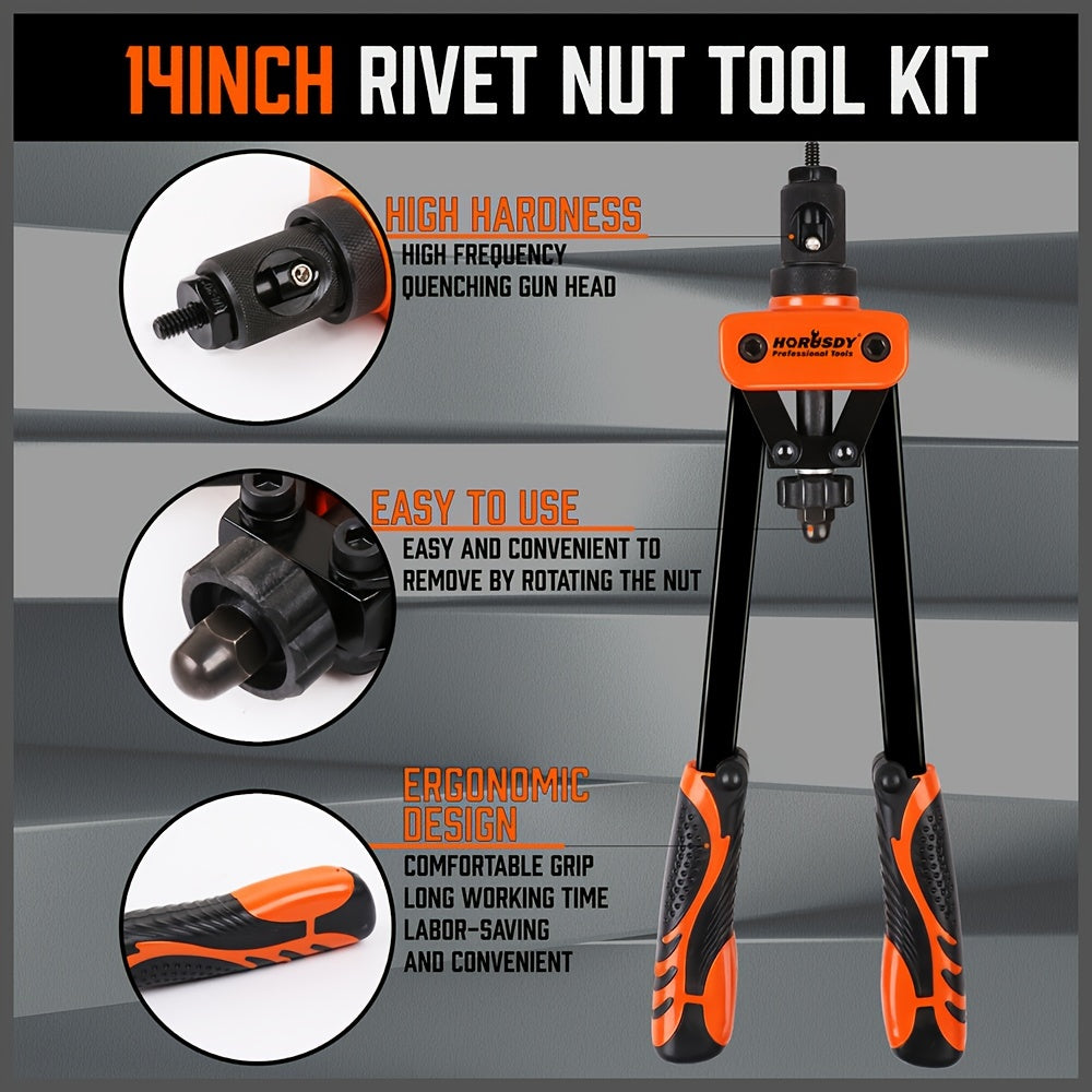 14-Inch Hand Rivet Nut Tool Kit – 7 Mandrels (M6 M8 M10 / 1/4-20 5/16-18 3/8-16), 70pcs Rivet Nuts, Chrome Steel, Carrying Case Included