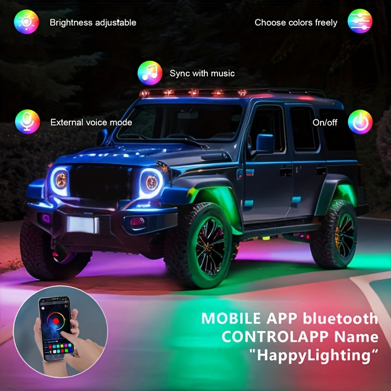RGB LED Rock Lights 8pc or 4pc | 15 LED Per Pod App & Music Mode Underglow Kit for Trucks Jeeps UTVs SUVs Golf Carts 12V
