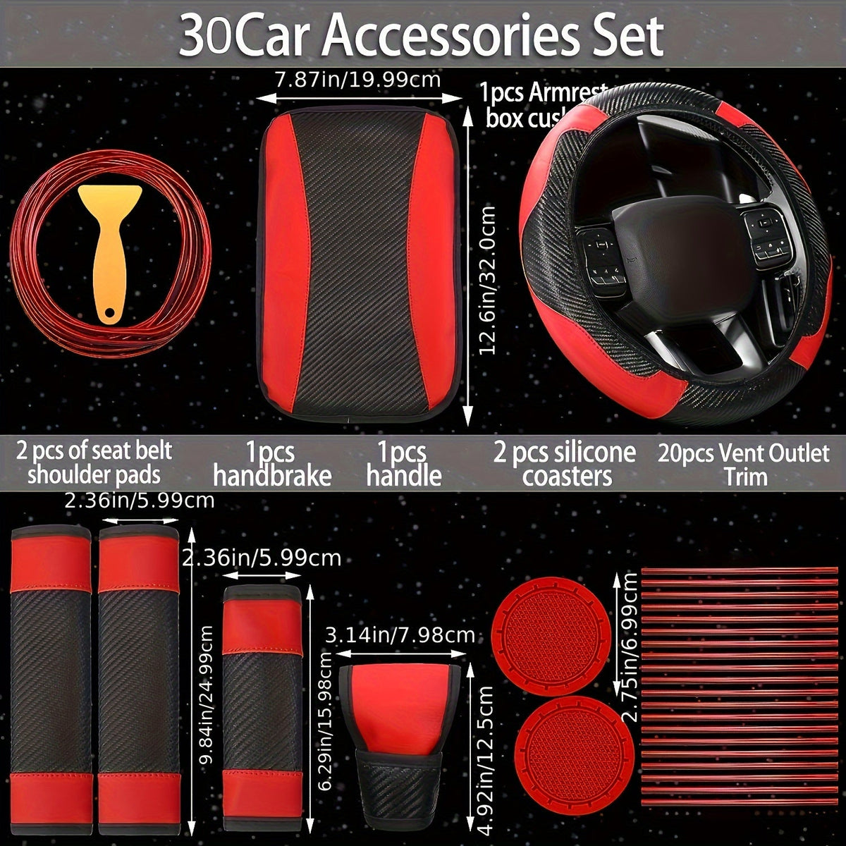 Car Steering Wheel Cover PU Carbon Fiber Interior Decorative Strip Air Vent Trim 30pcs Universal Fit for Most Vehicles Easy Install Blue Red