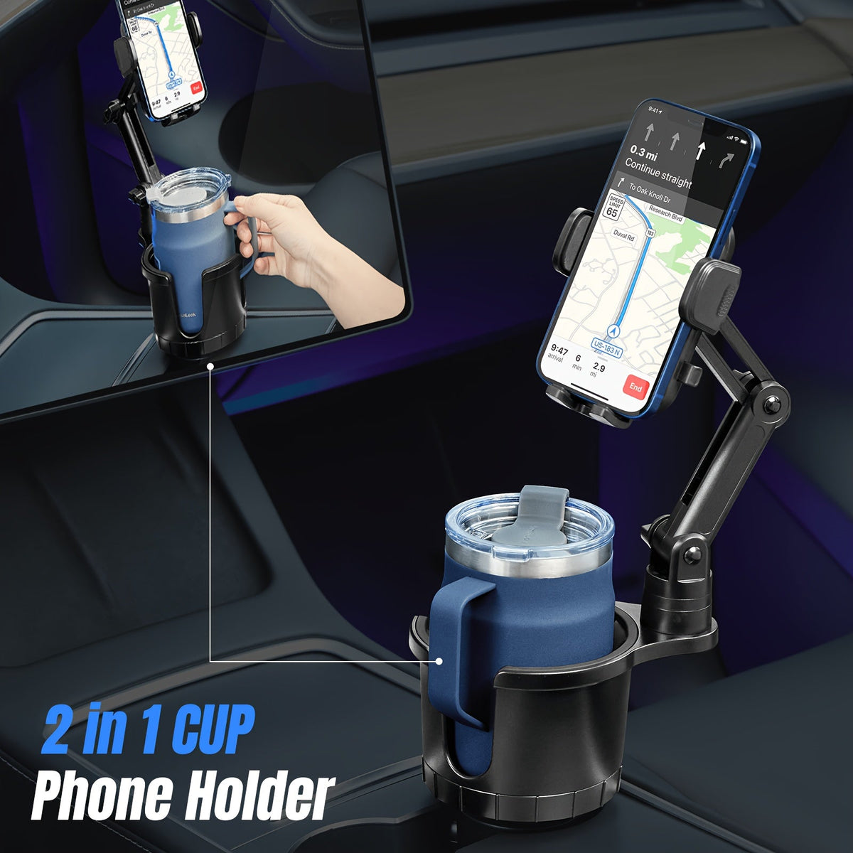 2-in-1 Cup Holder Phone Mount & Expander – Adjustable 12"-14" Neck, 360° Rotation, Weighted Stable Base for iPhone Samsung & All Smartphones, Universal Car Fit