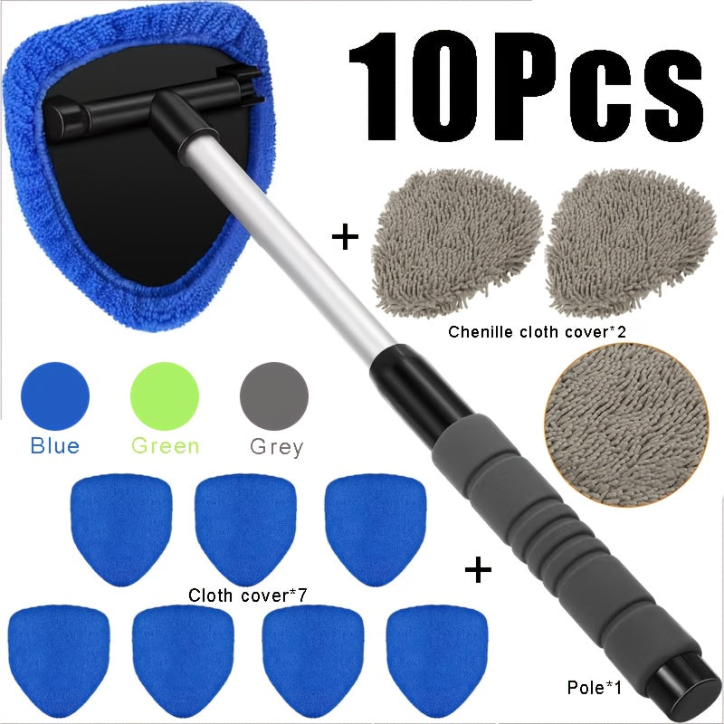 Car Windshield Cleaning Kit 10pc – Telescoping Handle, Microfiber & Chenille Covers for Interior & Exterior Glass