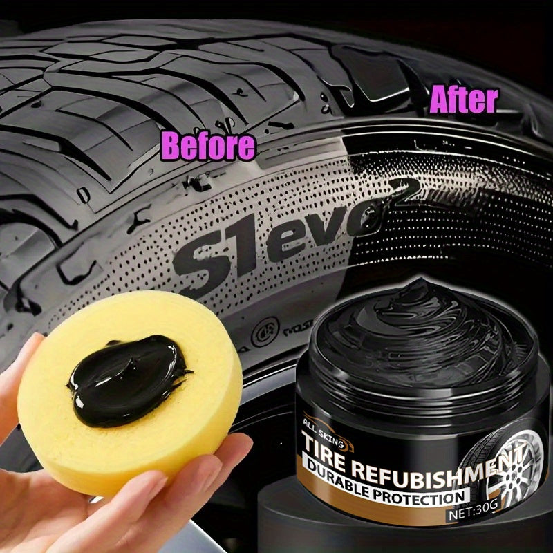Tire Blackening Wax 30g + Sponge – Long-Lasting Shine, Scratch Concealment & Wheel Restoration for Car Bike Motorcycle | Deep Black Polish