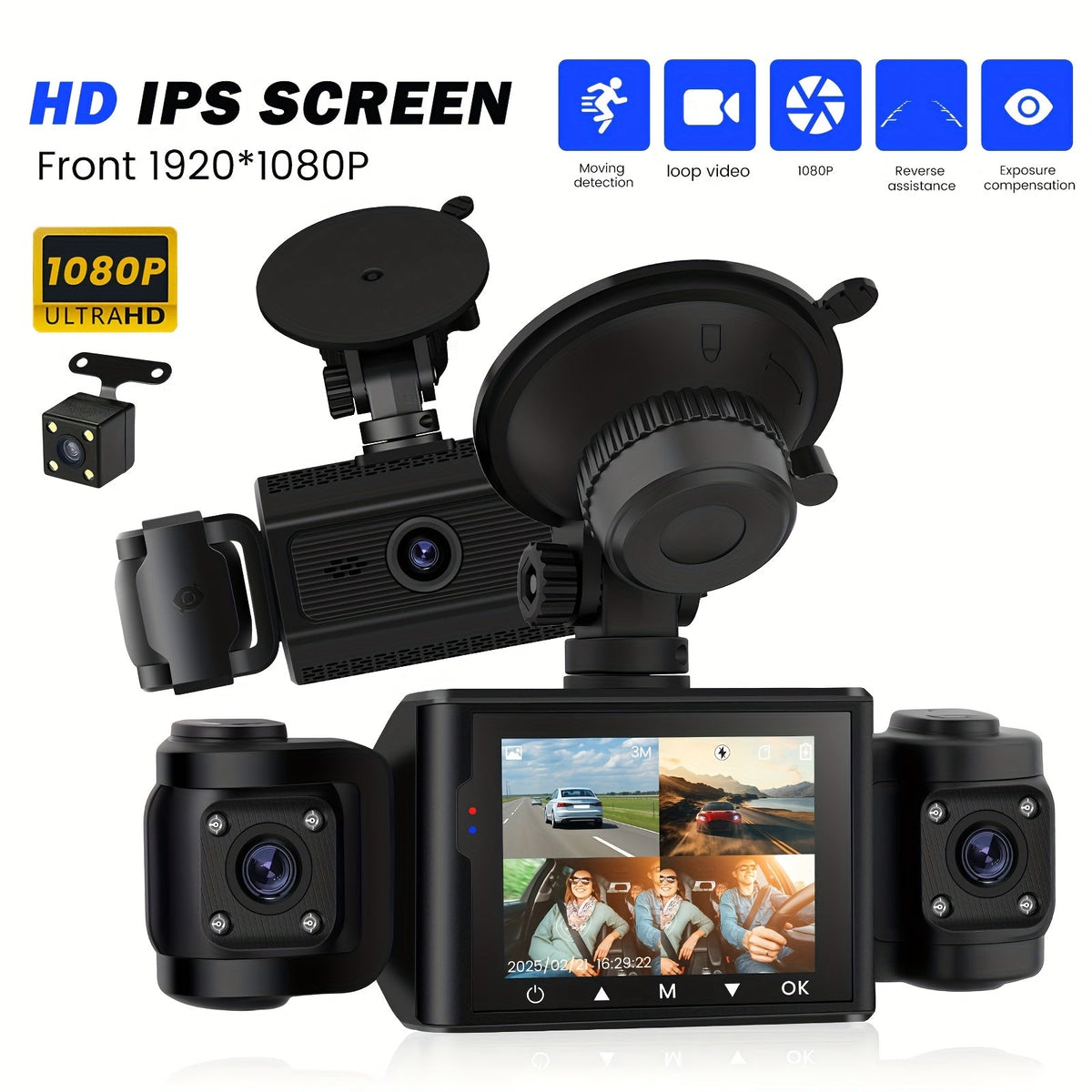 4-Channel Dash Cam 1080P Front + 480P Side Rear Camera, 2.4" Screen, Night Vision, Motion Detection, Wide Dynamic Range, Optional 64GB Card
