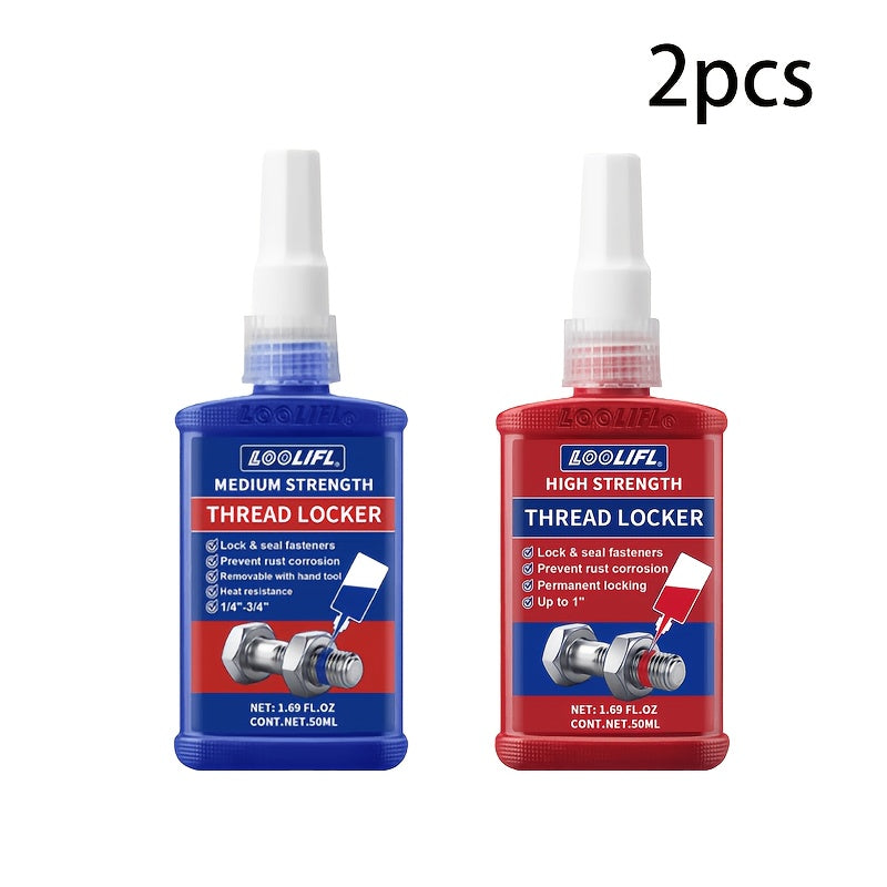 Threadlocker Adhesive 2/4pcs – Anaerobic Screw Locking Agent, Anti-Vibration Anti-Rust, Oil & Heat Resistant | Blue & Red for Metal Plastic Stainless Steel