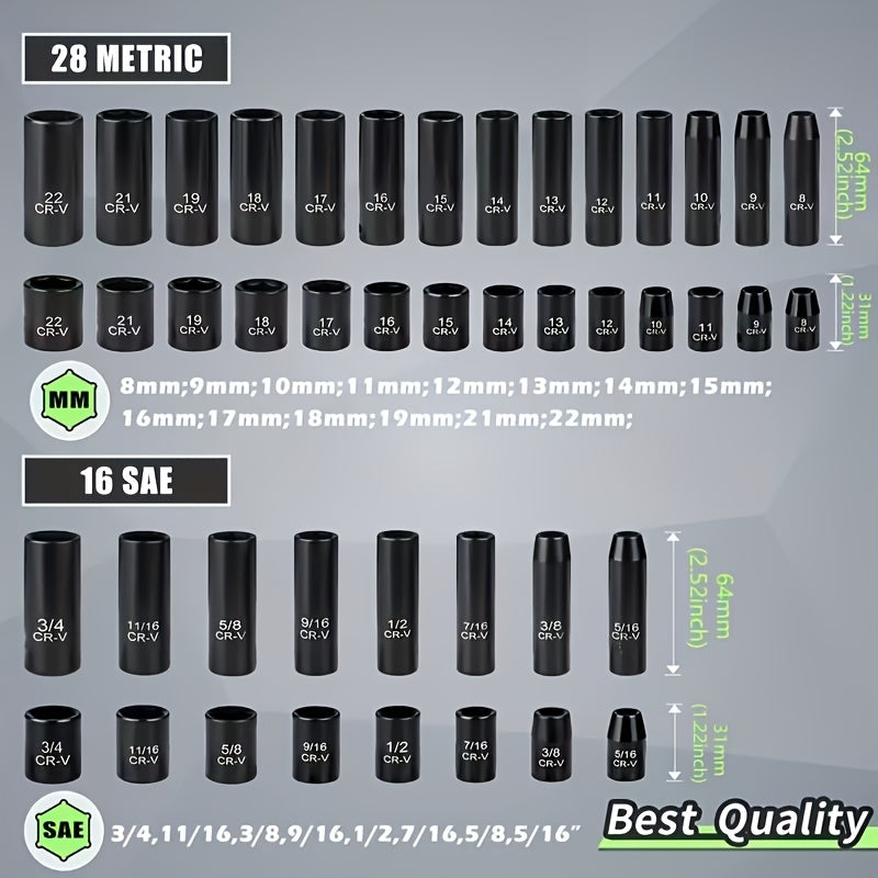 3/8 Inch Drive Impact Socket Set Metric 8-22mm SAE 5/16-3/4 in, 6-Point Cr-V, with Ratchet Handle Adapter & Storage Box, 15/50/92pcs Options