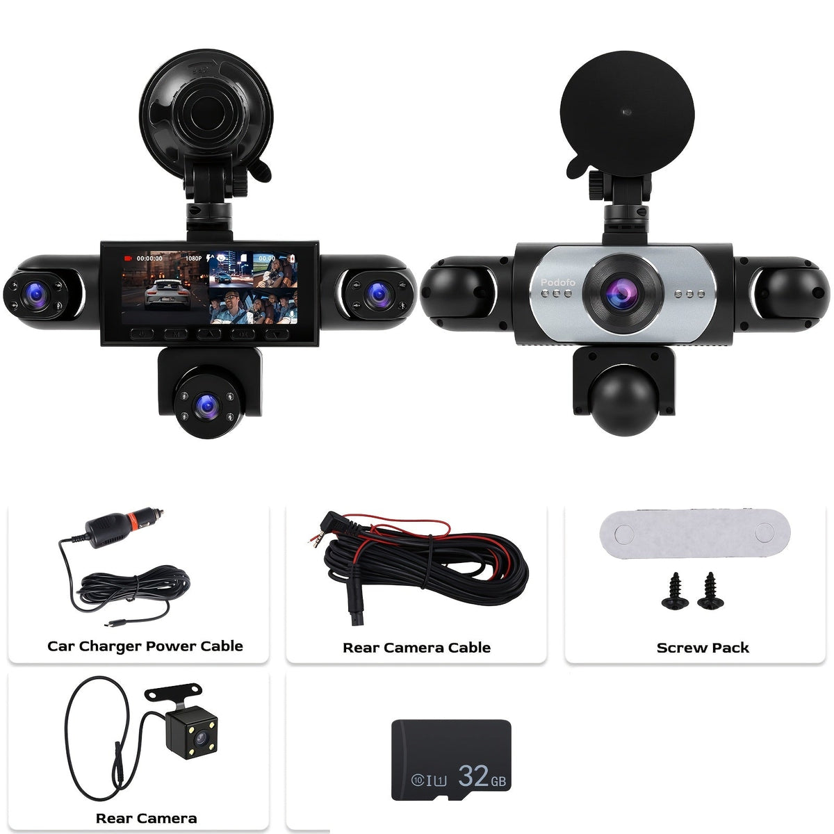 PODOFO 360° Dash Cam 5-Lens & 4-Lens 1080P, Front Rear Left Right Coverage, Loop Recording, Reverse Image, USB Powered — Optional 32G/64G Card