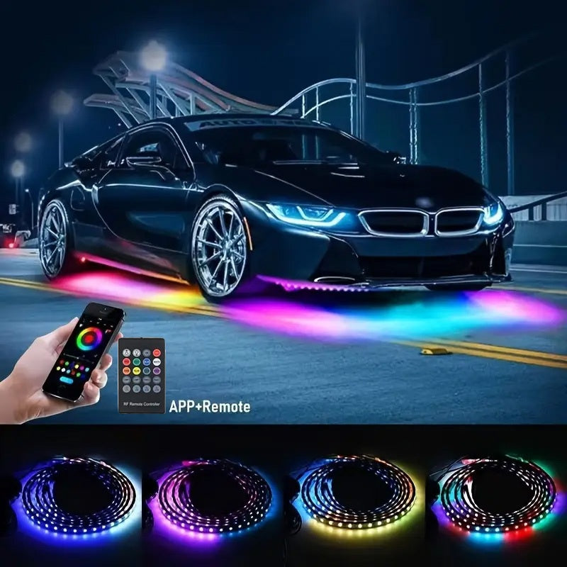 RGB LED Underglow Chassis Light Strip 4pcs App Remote Dual Control 16 Million Colors DC 12V Neon Ambient Kit for Car Pickup Truck SUV