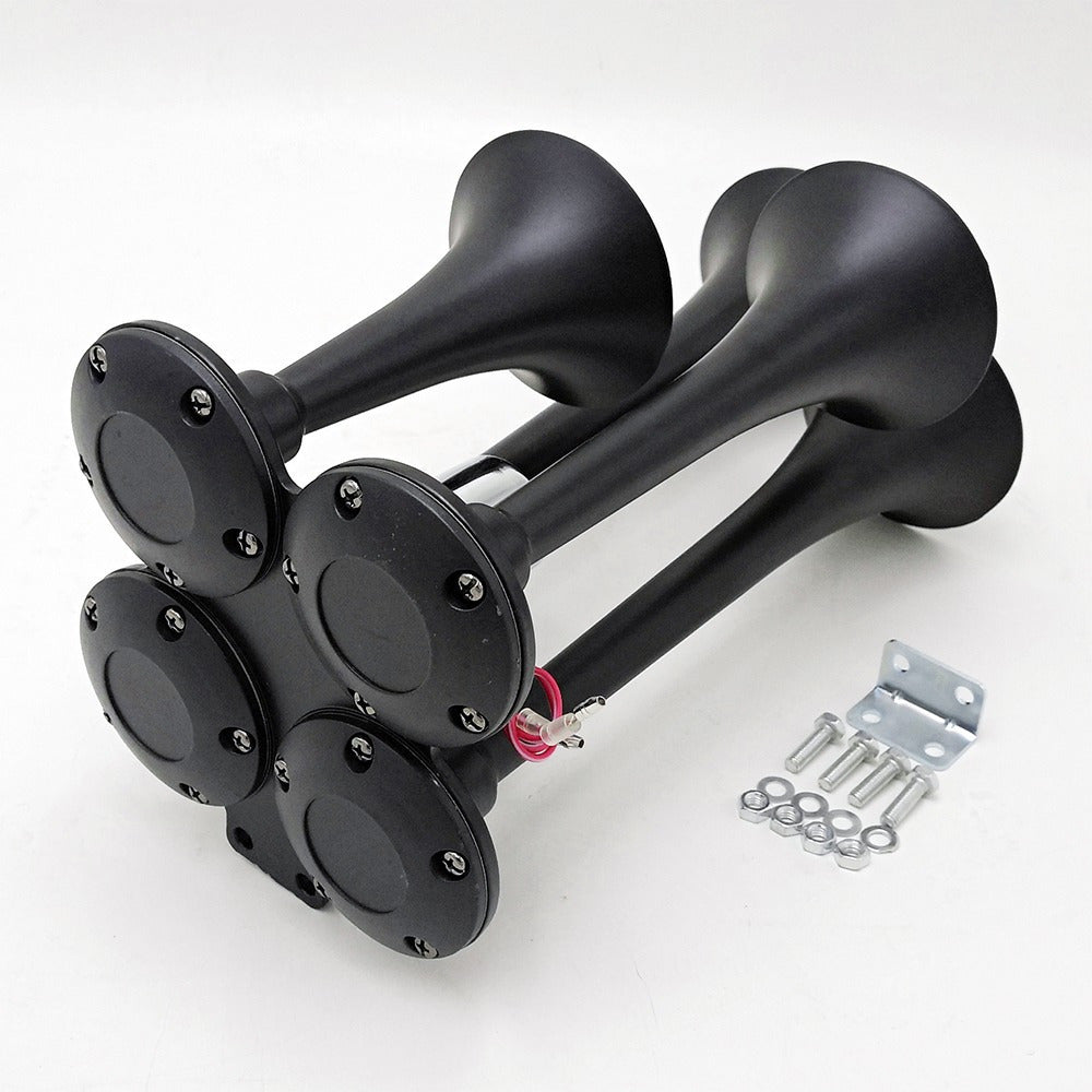 Train Air Horn Kit 135DB Loud 4 Trumpet 12V 24V for Truck Pickup Ford Chevy RAM – Zinc Alloy Chrome with Solenoid Valve & Mounting Hardware