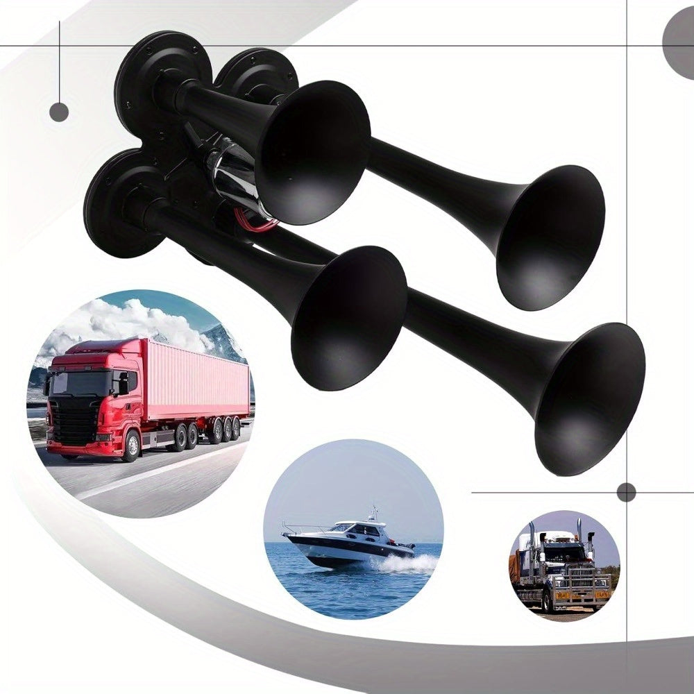 Train Air Horn Kit 135DB Loud 4 Trumpet 12V 24V for Truck Pickup Ford Chevy RAM – Zinc Alloy Chrome with Solenoid Valve & Mounting Hardware