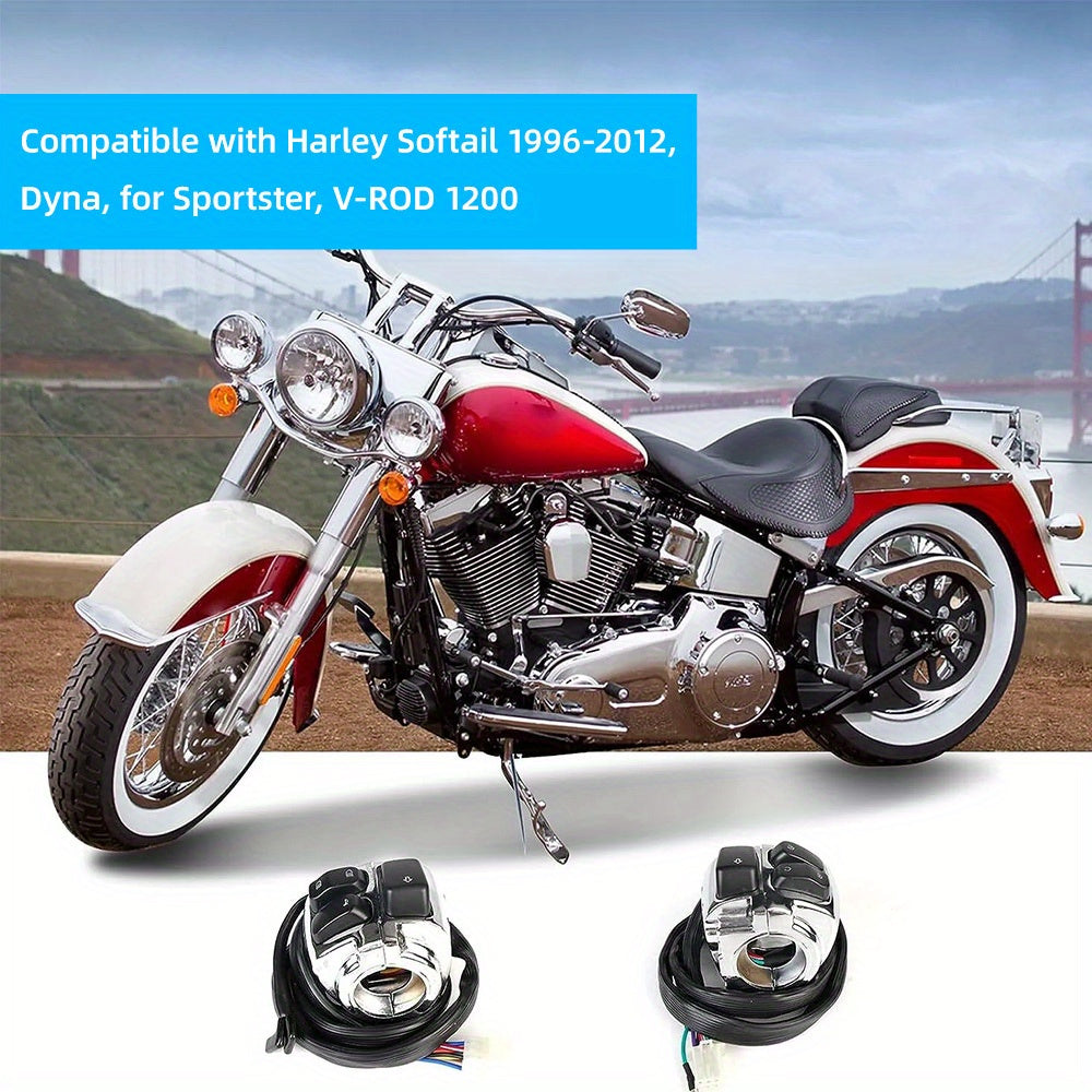 Harley-Davidson Handlebar Control Switch Set Chrome - Left & Right Switches with Wiring Harness, Fits Softail Dyna Sportster V-ROD 1996-2012, 1" Handlebars, Black