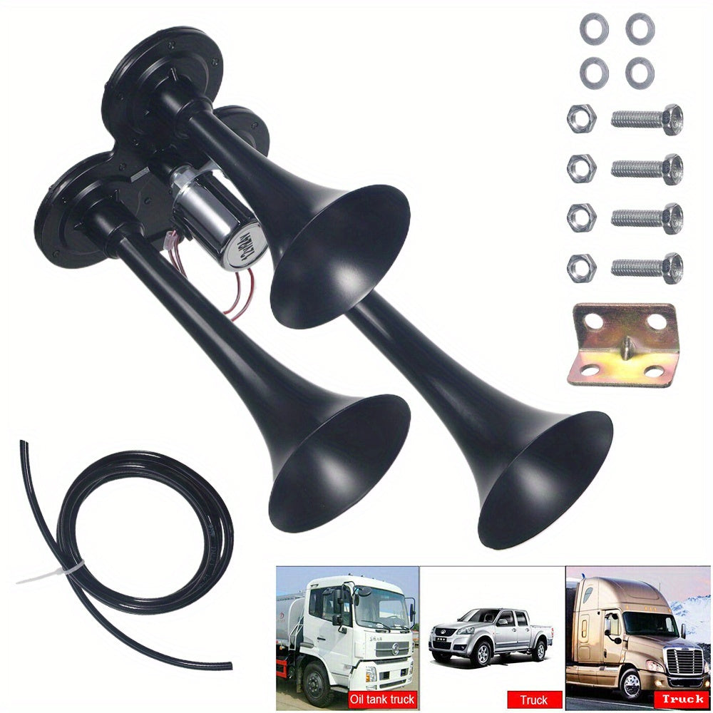 Train Air Horn Kit 135DB Loud 4 Trumpet 12V 24V for Truck Pickup Ford Chevy RAM – Zinc Alloy Chrome with Solenoid Valve & Mounting Hardware