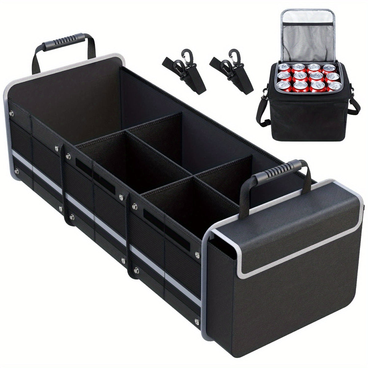 5-in-1 Trunk Organizer with Insulated Cooler Bag – Collapsible SUV Cargo Organizer, 3 Compartments, Removable Dividers & Tie-Down Straps