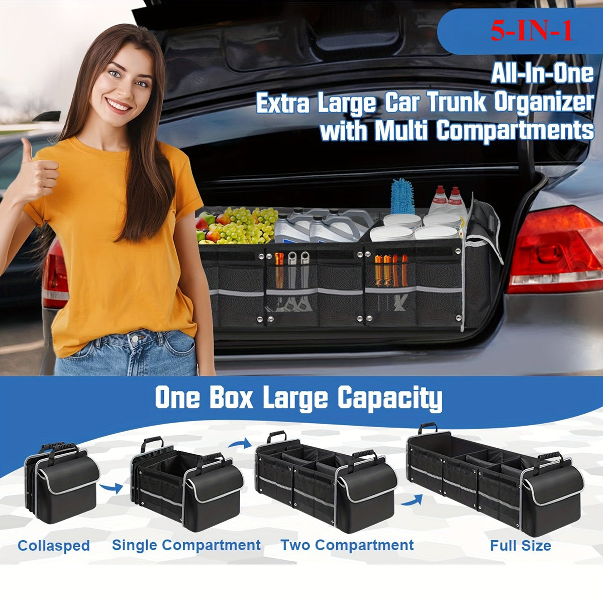 5-in-1 Trunk Organizer with Insulated Cooler Bag – Collapsible SUV Cargo Organizer, 3 Compartments, Removable Dividers & Tie-Down Straps