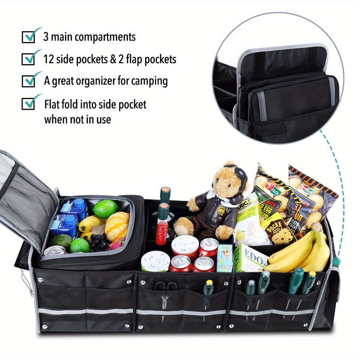 5-in-1 Trunk Organizer with Insulated Cooler Bag – Collapsible SUV Cargo Organizer, 3 Compartments, Removable Dividers & Tie-Down Straps