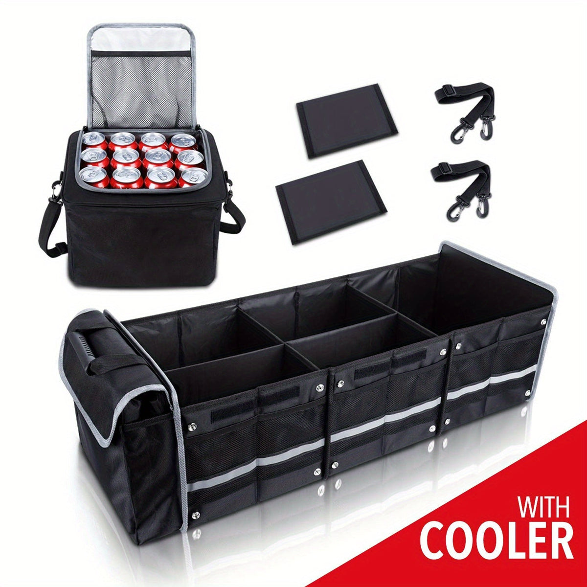 5-in-1 Trunk Organizer with Insulated Cooler Bag – Collapsible SUV Cargo Organizer, 3 Compartments, Removable Dividers & Tie-Down Straps