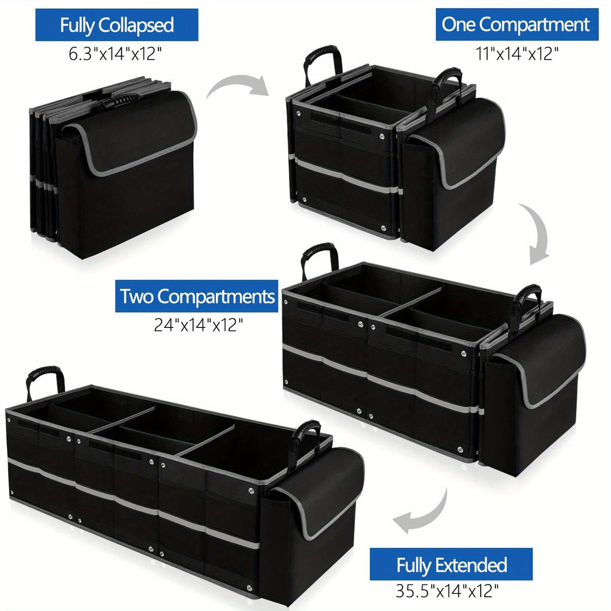 5-in-1 Trunk Organizer with Insulated Cooler Bag – Collapsible SUV Cargo Organizer, 3 Compartments, Removable Dividers & Tie-Down Straps