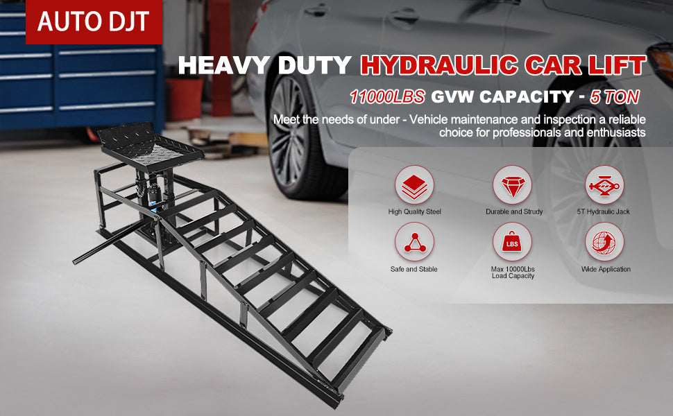 Hydraulic Car Ramps 11000 LB (5T) Low Profile – Heavy Duty Lift Service Ramps for Truck, Trailer & Garage, 1 Pack or 2 Pack