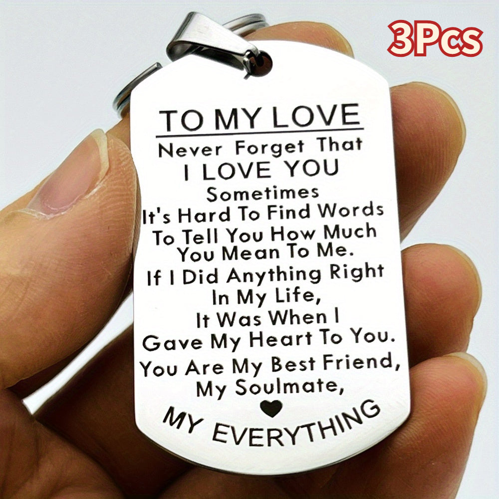 To My Love Keychain Set – 3pcs Stainless Steel Engraved Couples Gift for Anniversary, Valentine's Day & Birthday, Him & Her