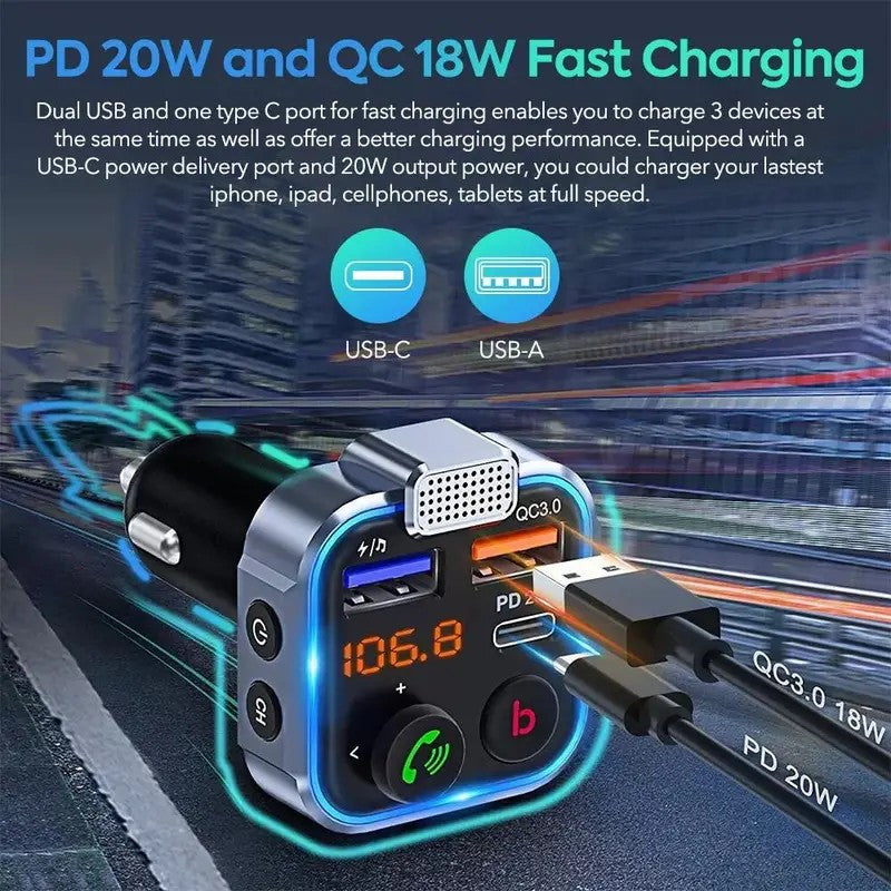 Bluetooth FM Transmitter for Car – Bluetooth 5.3, USB PD 20W Fast Charge, Dual Mic CVC Noise Reduction, Hi-Fi Stereo, 7-Color LED, MP3 Player & Hands-Free Calling