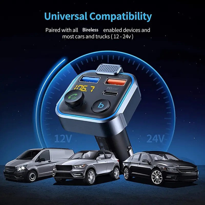 Bluetooth FM Transmitter for Car – Bluetooth 5.3, USB PD 20W Fast Charge, Dual Mic CVC Noise Reduction, Hi-Fi Stereo, 7-Color LED, MP3 Player & Hands-Free Calling