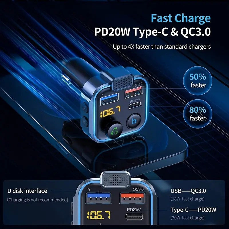Bluetooth FM Transmitter for Car – Bluetooth 5.3, USB PD 20W Fast Charge, Dual Mic CVC Noise Reduction, Hi-Fi Stereo, 7-Color LED, MP3 Player & Hands-Free Calling
