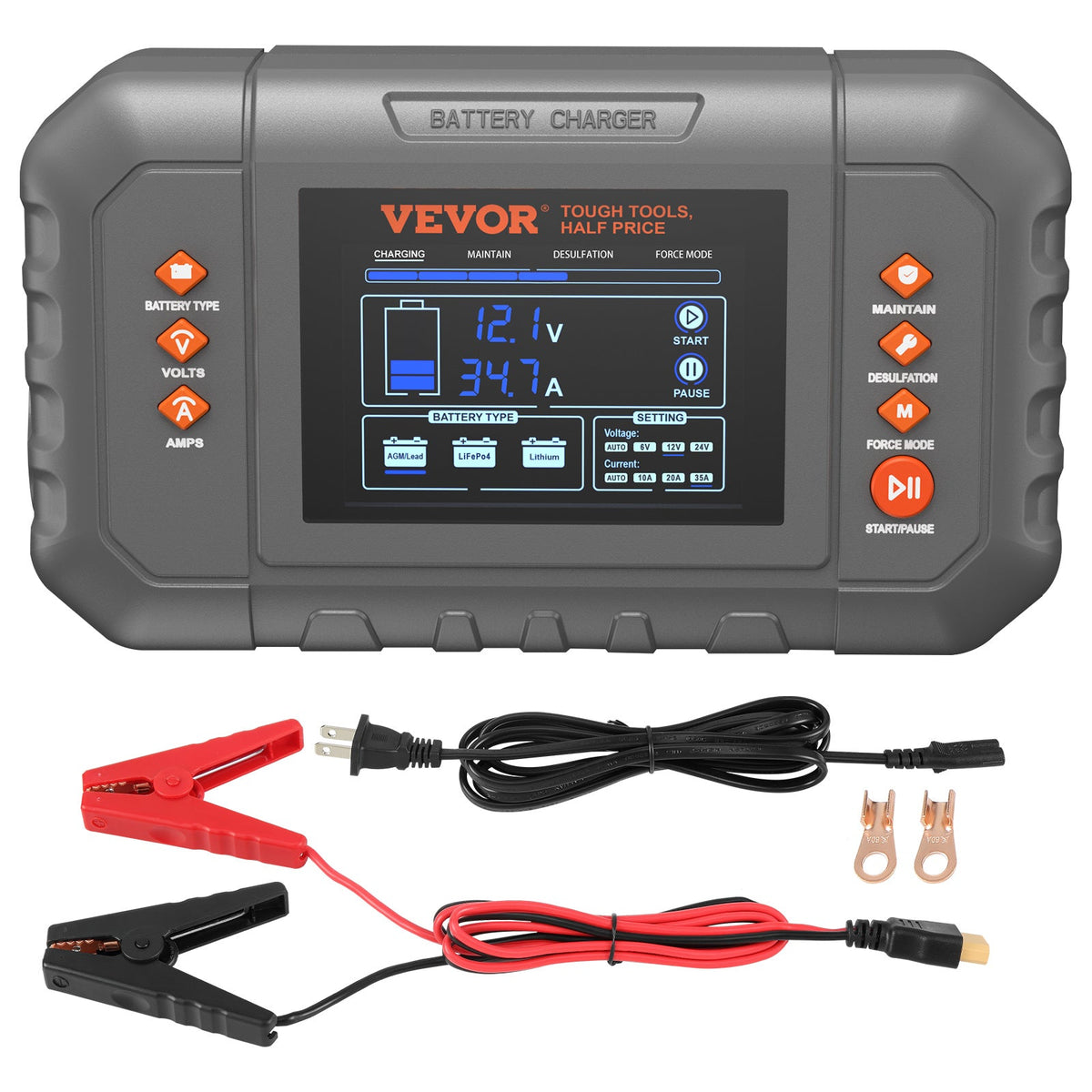 Smart Battery Charger 35 Amp Lithium LiFePO4 Lead-Acid AGM GEL SLA – 6/12/24V LCD Display Trickle Maintainer Desulfator | Car Truck Boat Motorcycle
